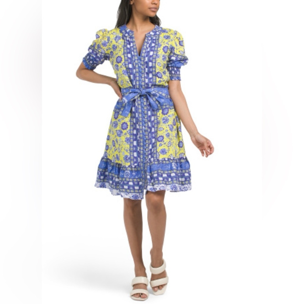 Elie Tahari Blue & Yellow Floral Belted Mini Dress